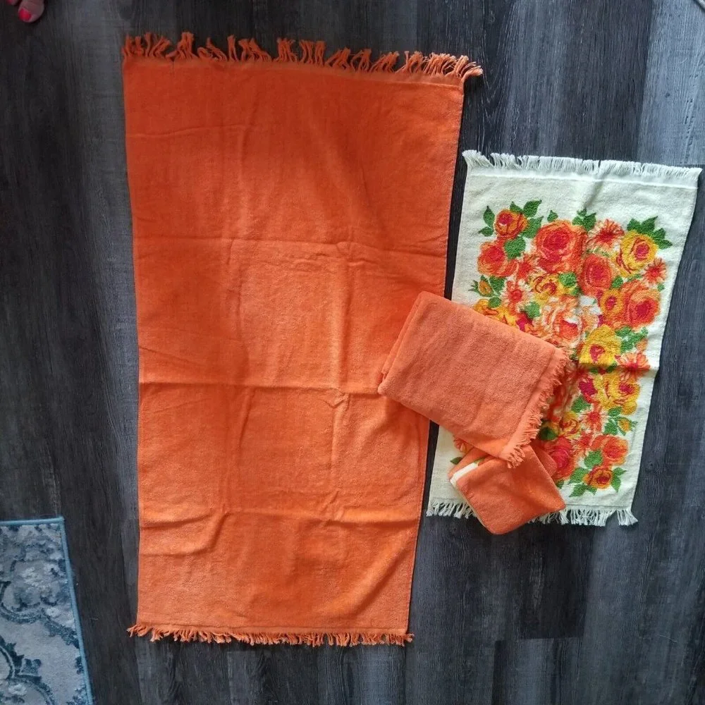 Vintage Towels Cannon Monticello Orange Yellow Bath Set 6 Piece Floral Flowers